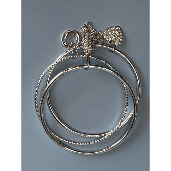 Liz Claiborne Silver-Tone Bangle Bracelet Set With Rhinestone Heart Charm - Picture 3 of 5